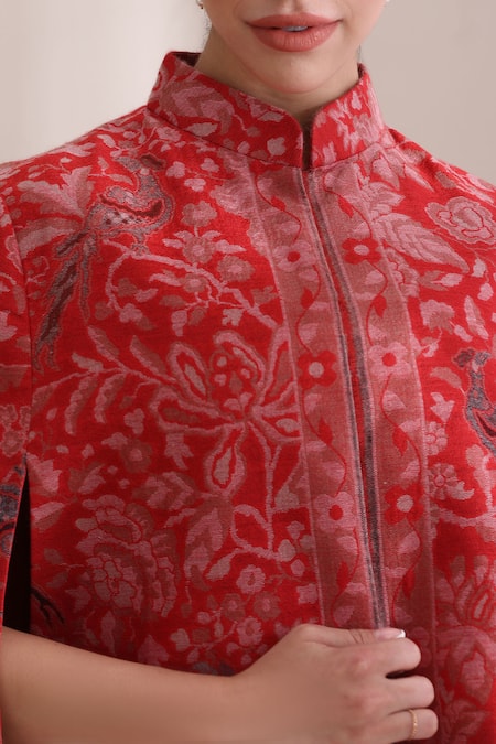 Dusala_Red Mandarin Collar Mithudi Woven Kani Cape _at_Aza_Fashions