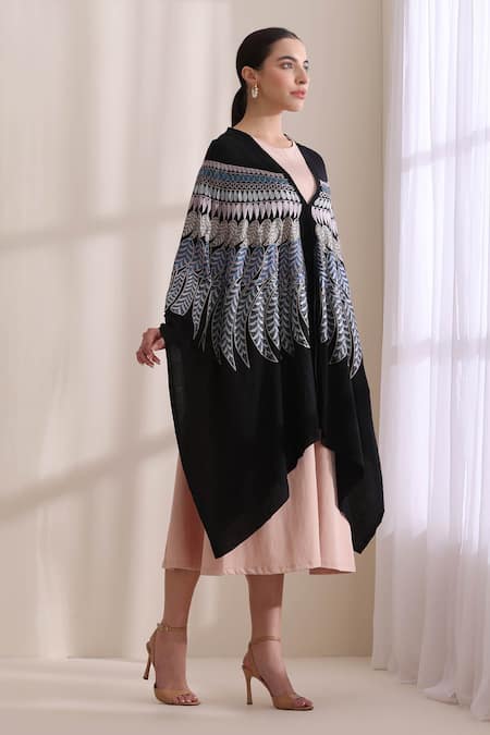 Dusala_Black V-neck Birdie Feather Embroidered Cape _Online_at_Aza_Fashions