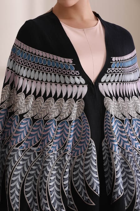 Dusala_Black V-neck Birdie Feather Embroidered Cape _at_Aza_Fashions