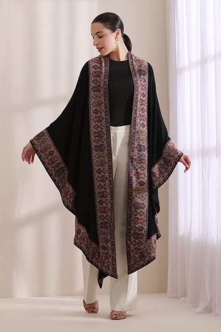 Dusala_Black Open Neck Chitra Woven Cape _Online_at_Aza_Fashions