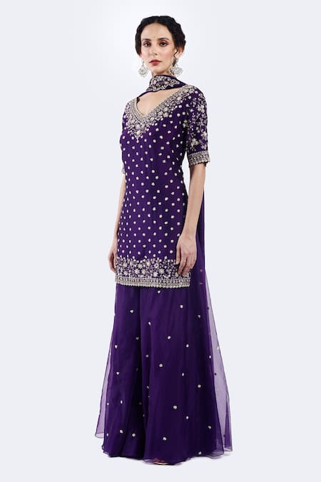 Onaya_Purple Organza Sequins, Beads, Embroidery, Cutdana And Sequence Kurta Sharara Set _Online_at_Aza_Fashions