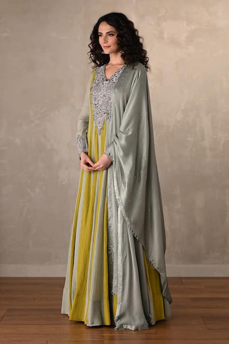 Onaya_Blue Organza Embroidery, Sequins, Stones V-neck Crush Anarkali And Dupatta Set _Online_at_Aza_Fashions