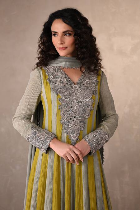 Shop_Onaya_Blue Organza Embroidery, Sequins, Stones V-neck Crush Anarkali And Dupatta Set _Online_at_Aza_Fashions