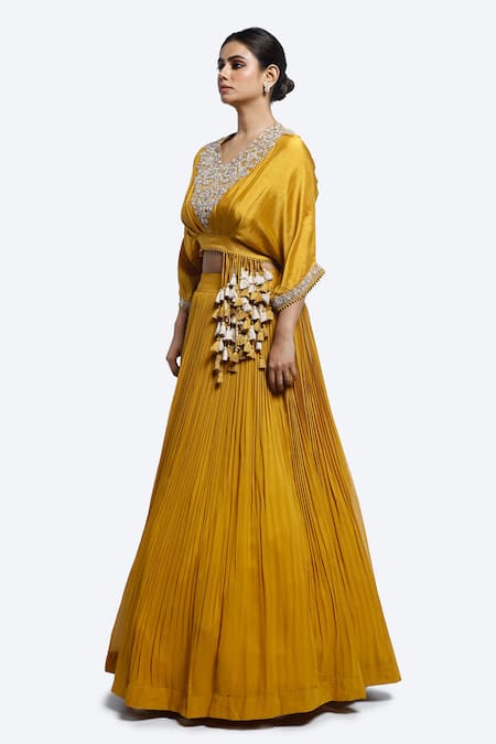 Buy_Onaya_Mustard Georgette Embroidery, Metallic Thread, Zardosi Top And Pleated Skirt Set _Online_at_Aza_Fashions