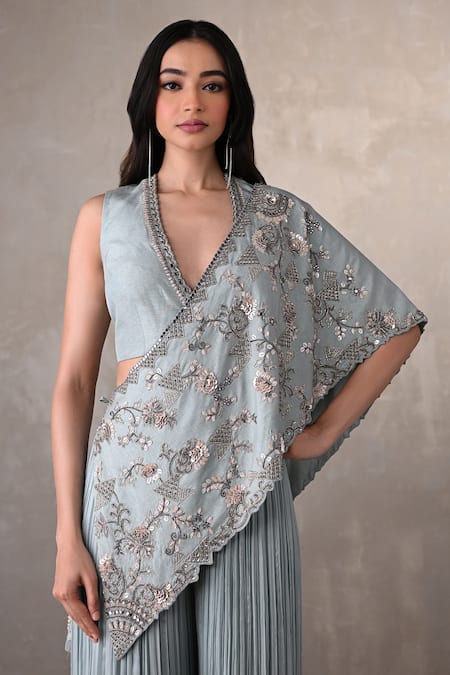Onaya_Sky Blue Satin, Chiffon V-neck Floral Embroidered Cape And Pant Set _Online_at_Aza_Fashions