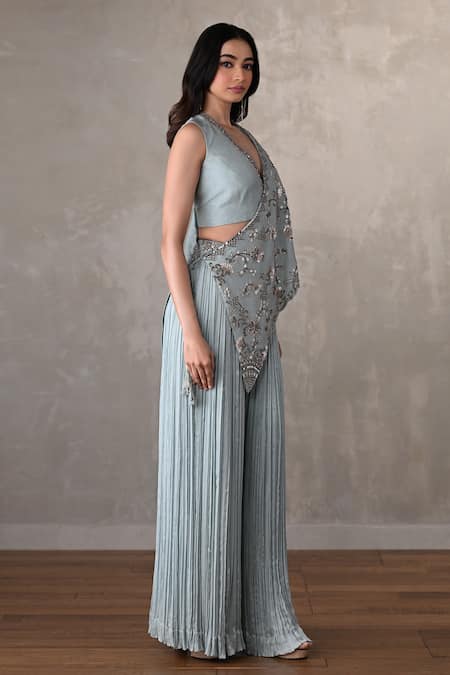 Buy_Onaya_Sky Blue Satin, Chiffon V-neck Floral Embroidered Cape And Pant Set _Online_at_Aza_Fashions
