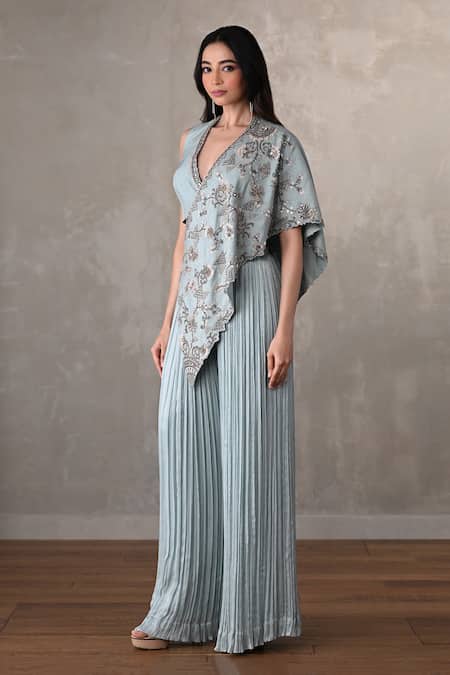 Shop_Onaya_Sky Blue Satin, Chiffon V-neck Floral Embroidered Cape And Pant Set _Online_at_Aza_Fashions