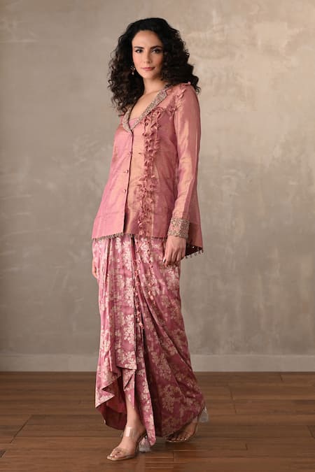 Onaya_Magenta Tissue, Brocade Sequins, Embroidery, Banarasi Jacket And Skirt Set _Online_at_Aza_Fashions