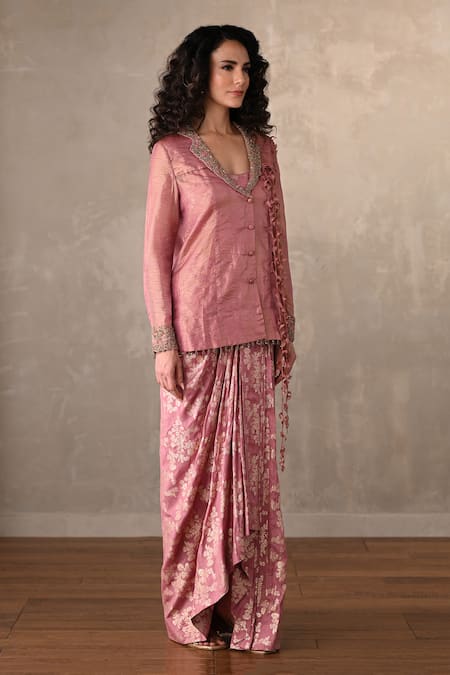 Buy_Onaya_Magenta Tissue, Brocade Sequins, Embroidery, Banarasi Jacket And Skirt Set _Online_at_Aza_Fashions