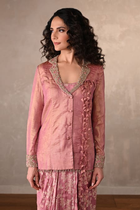 Shop_Onaya_Magenta Tissue, Brocade Sequins, Embroidery, Banarasi Jacket And Skirt Set _Online_at_Aza_Fashions