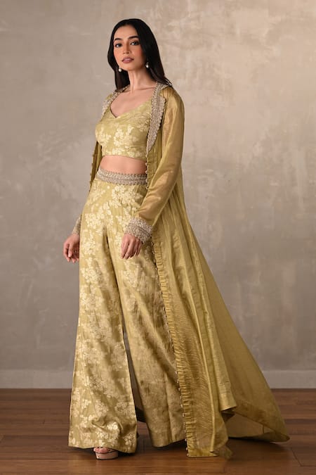 Buy_Onaya_Green Tissue, Brocade, Jacquard Embroidery, Banarasi Floral Jacket And Pant Set _Online_at_Aza_Fashions