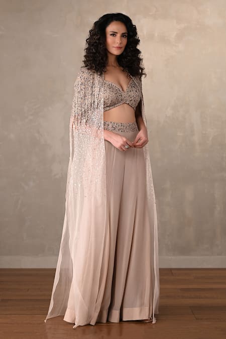 Onaya_Beige Crepe Sequins V-, Open Cape And Pant Set _Online_at_Aza_Fashions