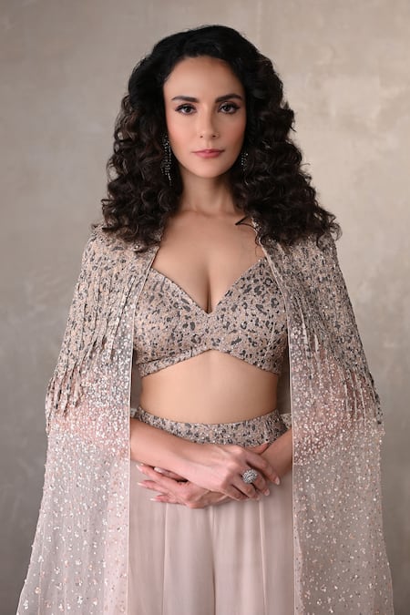 Buy_Onaya_Beige Crepe Sequins V-, Open Cape And Pant Set _Online_at_Aza_Fashions