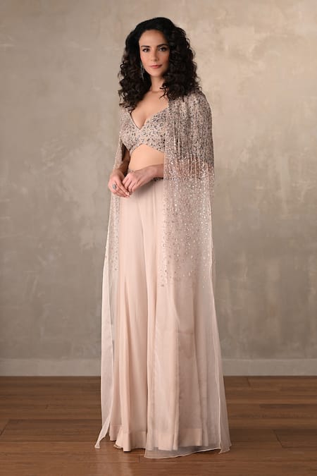 Shop_Onaya_Beige Crepe Sequins V-, Open Cape And Pant Set _Online_at_Aza_Fashions