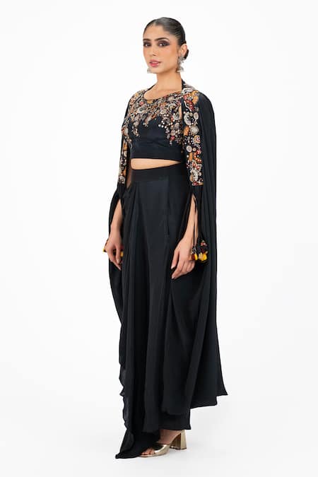 Onaya_Black Crepe Beads, Sequins, Stones Round Neck Cutdana Embroidered Cape Skirt Set _Online_at_Aza_Fashions