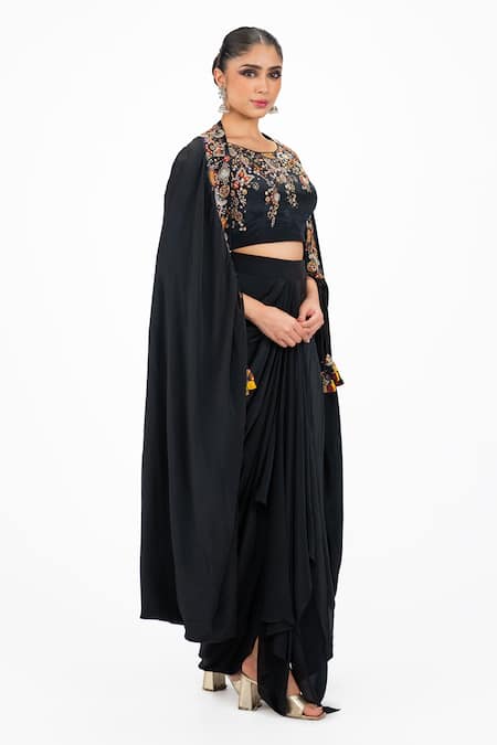Buy_Onaya_Black Crepe Beads, Sequins, Stones Round Neck Cutdana Embroidered Cape Skirt Set _Online_at_Aza_Fashions