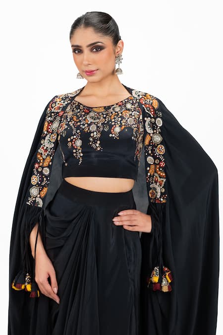 Shop_Onaya_Black Crepe Beads, Sequins, Stones Round Neck Cutdana Embroidered Cape Skirt Set _Online_at_Aza_Fashions