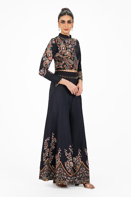 Onaya_Black Silk Beads, Sequins, Pearls, Embroidery Mandarin Top And Flared Pant Set _Online_at_Aza_Fashions
