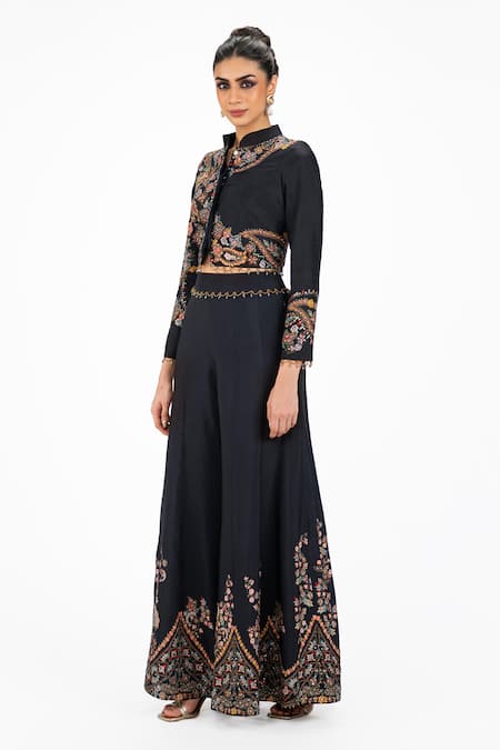 Buy_Onaya_Black Silk Beads, Sequins, Pearls, Embroidery Mandarin Top And Flared Pant Set _Online_at_Aza_Fashions