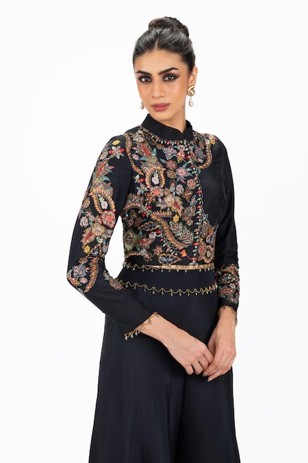 Shop_Onaya_Black Silk Beads, Sequins, Pearls, Embroidery Mandarin Top And Flared Pant Set _Online_at_Aza_Fashions