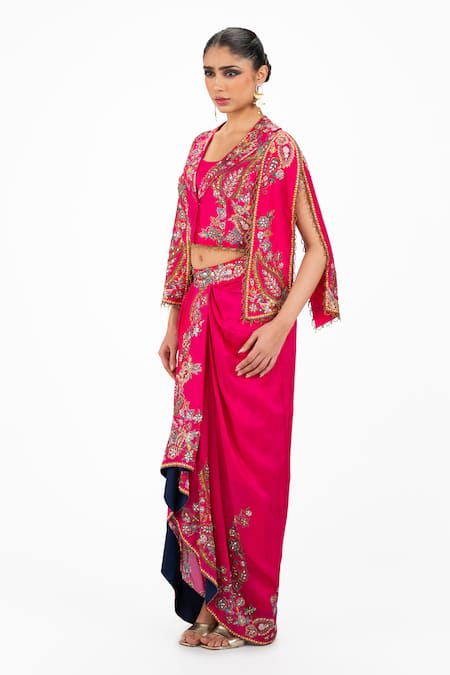 Onaya_Fuchsia Silk Pearls, Sequins, Embroidery Scoop Neck, V-neck, Jacket And Skirt Set _Online_at_Aza_Fashions