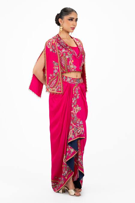 Buy_Onaya_Fuchsia Silk Pearls, Sequins, Embroidery Scoop Neck, V-neck, Jacket And Skirt Set _Online_at_Aza_Fashions