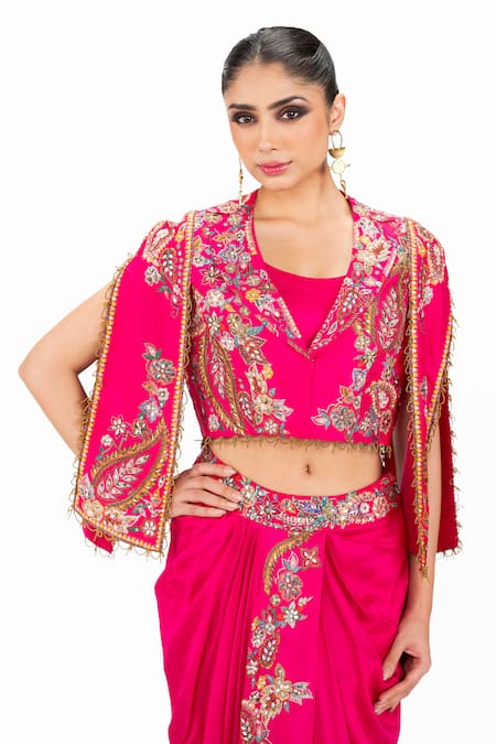Shop_Onaya_Fuchsia Silk Pearls, Sequins, Embroidery Scoop Neck, V-neck, Jacket And Skirt Set _Online_at_Aza_Fashions