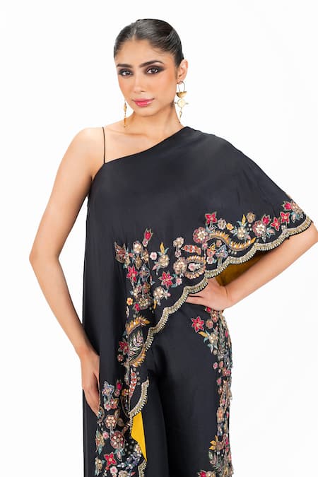 Onaya_Black Silk Sequins, Beads, Embroidery One Floral Sequence Cape And Pant Set _Online_at_Aza_Fashions