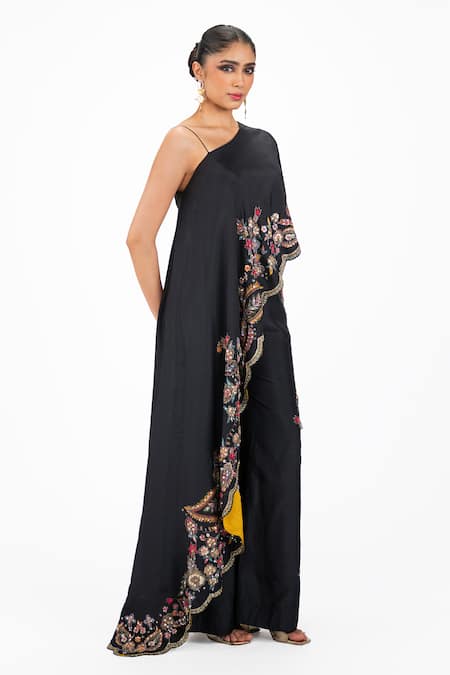 Buy_Onaya_Black Silk Sequins, Beads, Embroidery One Floral Sequence Cape And Pant Set _Online_at_Aza_Fashions