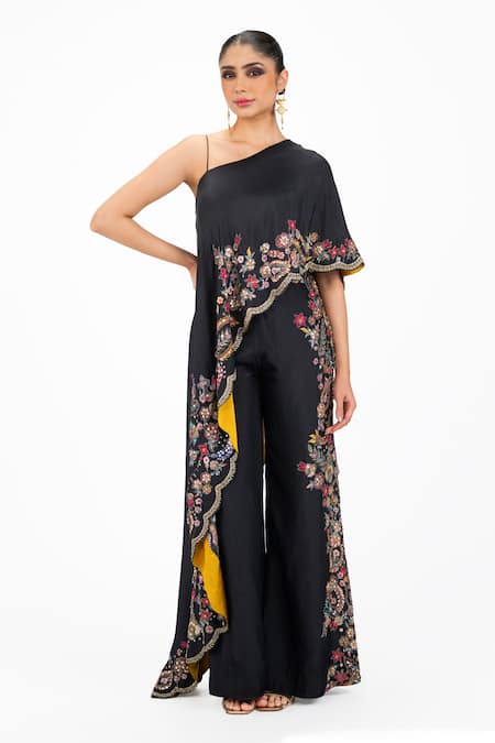 Onaya Floral Sequence Embroidered Cape & Pant Set 