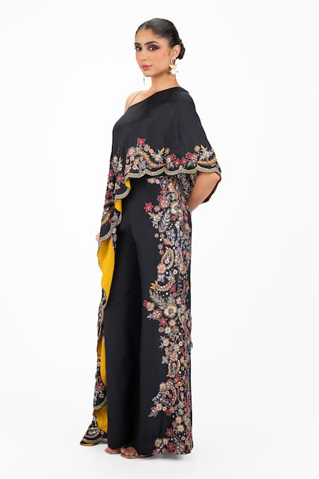 Shop_Onaya_Black Silk Sequins, Beads, Embroidery One Floral Sequence Cape And Pant Set _Online_at_Aza_Fashions
