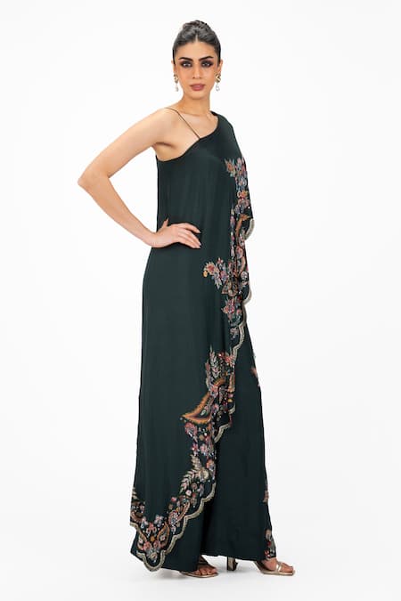 Onaya_Green Silk Sequins, Beads, Cut Work One Shoulder Embroidered Cape And Pant Set _Online_at_Aza_Fashions