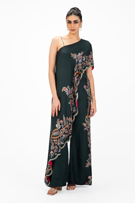 Onaya Embroidered One Shoulder Cape & Pant Set 