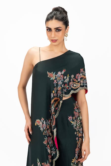 Shop_Onaya_Green Silk Sequins, Beads, Cut Work One Shoulder Embroidered Cape And Pant Set _Online_at_Aza_Fashions