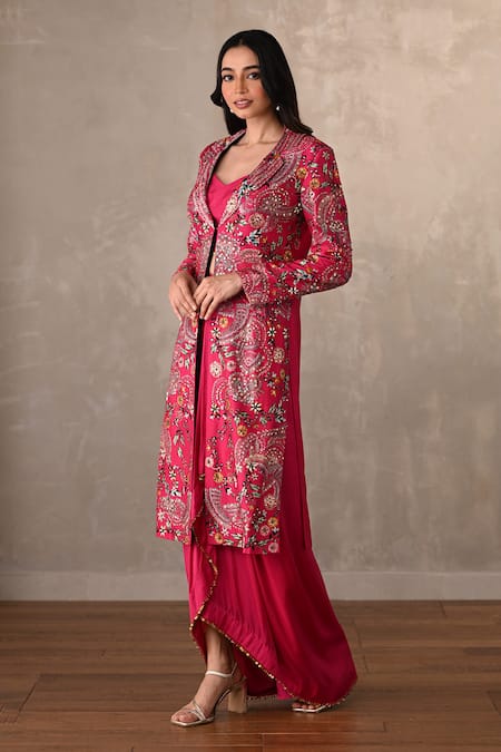 Onaya_Fuchsia Silk Embroidery V-, Open Hand Jacket And Skirt Set _Online_at_Aza_Fashions