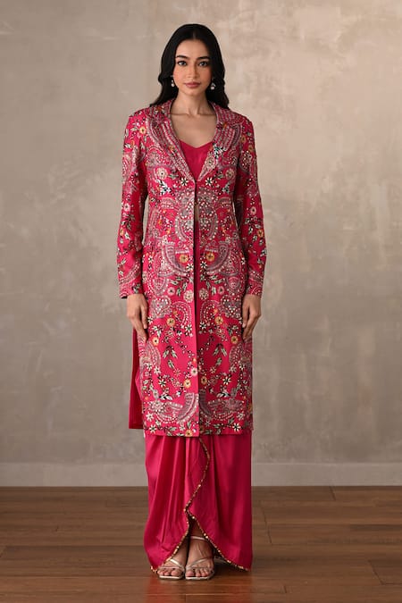 Buy_Onaya_Fuchsia Silk Embroidery V-, Open Hand Jacket And Skirt Set _Online_at_Aza_Fashions