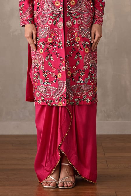 Shop_Onaya_Fuchsia Silk Embroidery V-, Open Hand Jacket And Skirt Set _Online_at_Aza_Fashions