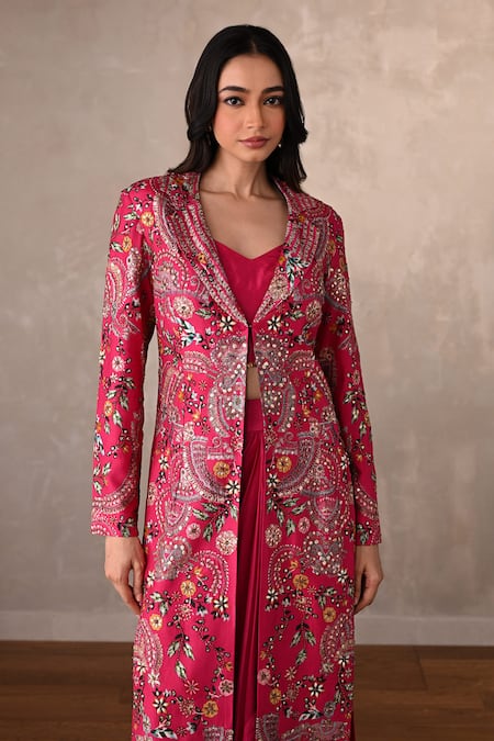 Onaya_Fuchsia Silk Embroidery V-, Open Hand Jacket And Skirt Set _at_Aza_Fashions
