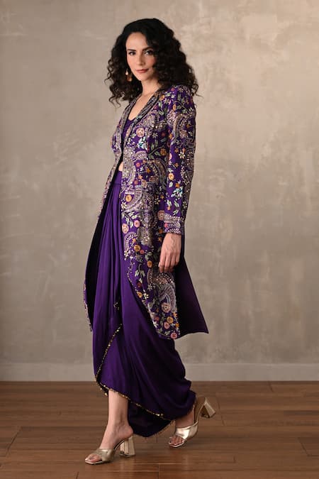 Onaya_Purple Silk Embroidery V-, Open Hand Paisley Jacket And Skirt Set _Online_at_Aza_Fashions