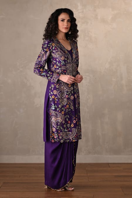 Buy_Onaya_Purple Silk Embroidery V-, Open Hand Paisley Jacket And Skirt Set _Online_at_Aza_Fashions