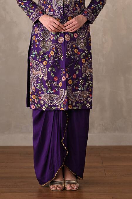 Shop_Onaya_Purple Silk Embroidery V-, Open Hand Paisley Jacket And Skirt Set _Online_at_Aza_Fashions