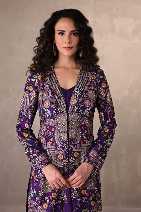 Onaya_Purple Silk Embroidery V-, Open Hand Paisley Jacket And Skirt Set _at_Aza_Fashions