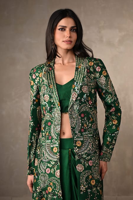 Buy_Onaya_Green Silk Embroidery Sweetheart Neck, Open Hand Paisley Jacket And Skirt Set _Online_at_Aza_Fashions