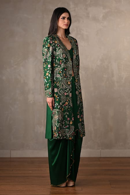 Shop_Onaya_Green Silk Embroidery Sweetheart Neck, Open Hand Paisley Jacket And Skirt Set _Online_at_Aza_Fashions