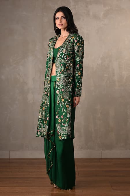 Onaya_Green Silk Embroidery Sweetheart Neck, Open Hand Paisley Jacket And Skirt Set _at_Aza_Fashions