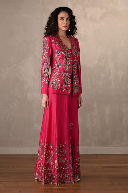Onaya_Fuchsia Silk Mirrors, Embroidery V-, Open Work Jacket And Pant Set _Online_at_Aza_Fashions