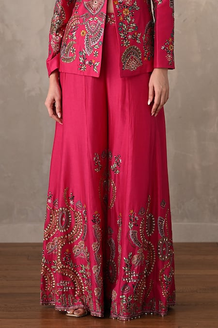 Buy_Onaya_Fuchsia Silk Mirrors, Embroidery V-, Open Work Jacket And Pant Set _Online_at_Aza_Fashions