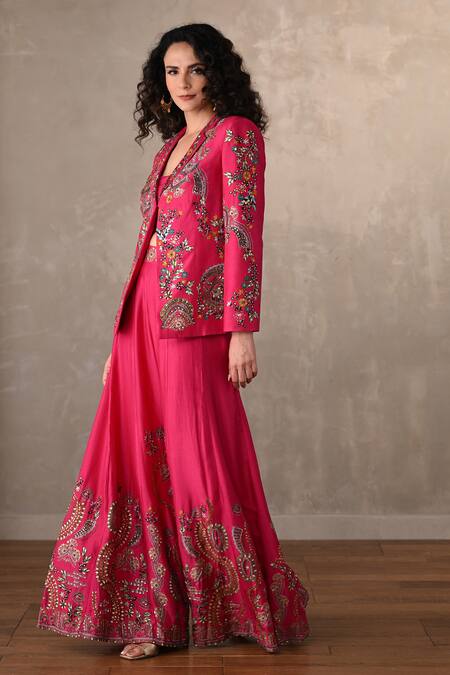 Shop_Onaya_Fuchsia Silk Mirrors, Embroidery V-, Open Work Jacket And Pant Set _Online_at_Aza_Fashions