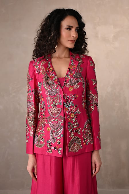 Onaya_Fuchsia Silk Mirrors, Embroidery V-, Open Work Jacket And Pant Set _at_Aza_Fashions