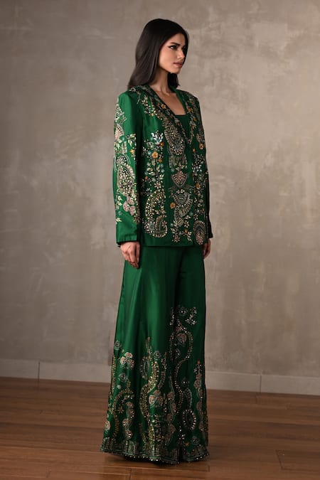 Onaya_Emerald Green Silk Mirrors, Embroidery Square Neck, Jacket Pant Set _Online_at_Aza_Fashions